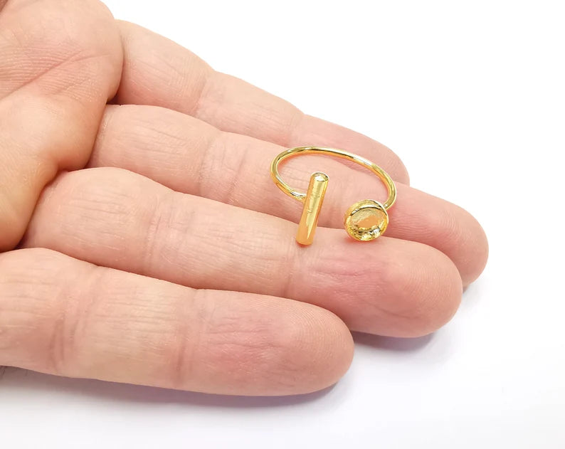 Shiny Gold Rod Ring Bezels Settings Resin Backs Cabochon Mounting Gold Plated Brass Adjustable Ring Base (6mm blank) G26577