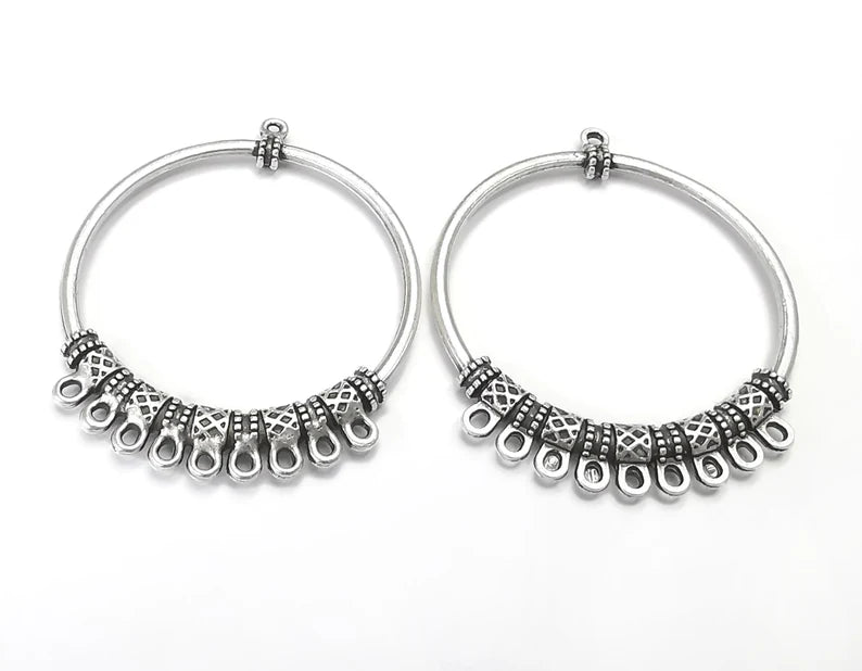 2 Ethnic Dangle Round charms connector Antique silver plated charms (55x46mm) G26578