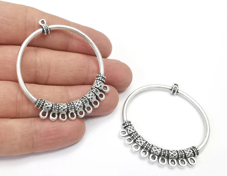 2 Ethnic Dangle Round charms connector Antique silver plated charms (55x46mm) G26578