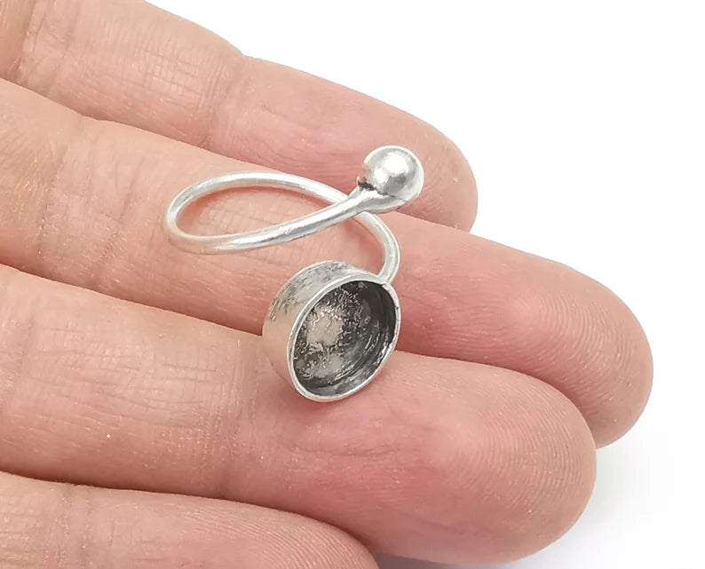 Wrap Ball Round Blank Silver Ring Setting Cabochon Mounting Adjustable Ring Base Bezel Antique Silver Plated Brass (10mm blanks) G27313
