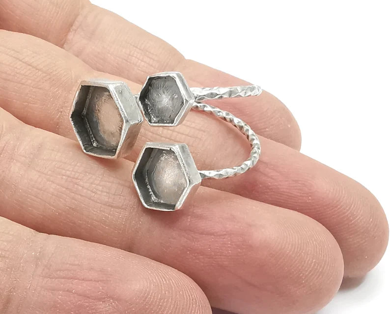 Hexagon Ring Bases, Ring Blanks, Ring Bezel Setting, Ring Frame, Cabochon Mountings Adjustable Antique Silver Plated Brass G26585