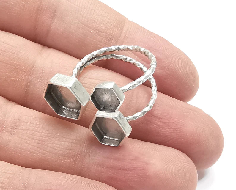 Hexagon Ring Bases, Ring Blanks, Ring Bezel Setting, Ring Frame, Cabochon Mountings Adjustable Antique Silver Plated Brass G26585