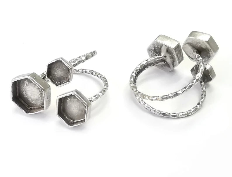 Hexagon Ring Bases, Ring Blanks, Ring Bezel Setting, Ring Frame, Cabochon Mountings Adjustable Antique Silver Plated Brass G26585