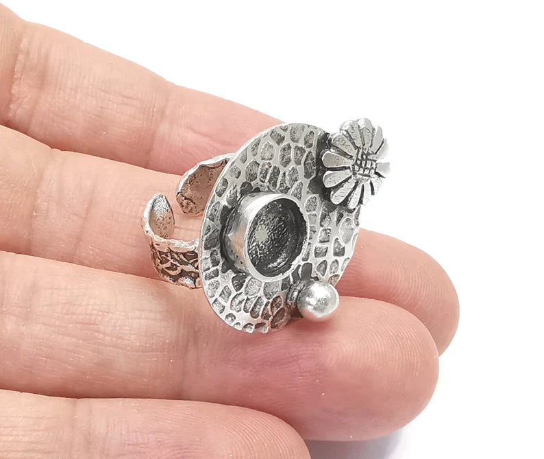 Flower ball hammered disc blanks silver ring setting cabochon mounting adjustable ring base bezel Antique silver plated brass (8mm) G26381