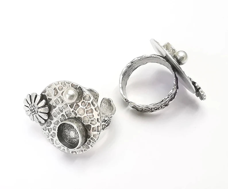 Flower ball hammered disc blanks silver ring setting cabochon mounting adjustable ring base bezel Antique silver plated brass (8mm) G26381