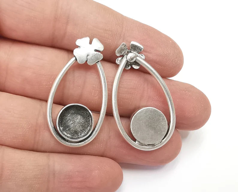 1 Pairs Flower clover silver dangle earring set base wire Antique silver plated brass earring base (38x20mm)(12mm blanks) G26387
