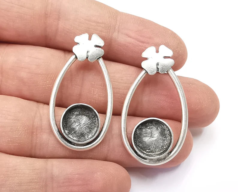 1 Pairs Flower clover silver dangle earring set base wire Antique silver plated brass earring base (38x20mm)(12mm blanks) G26387
