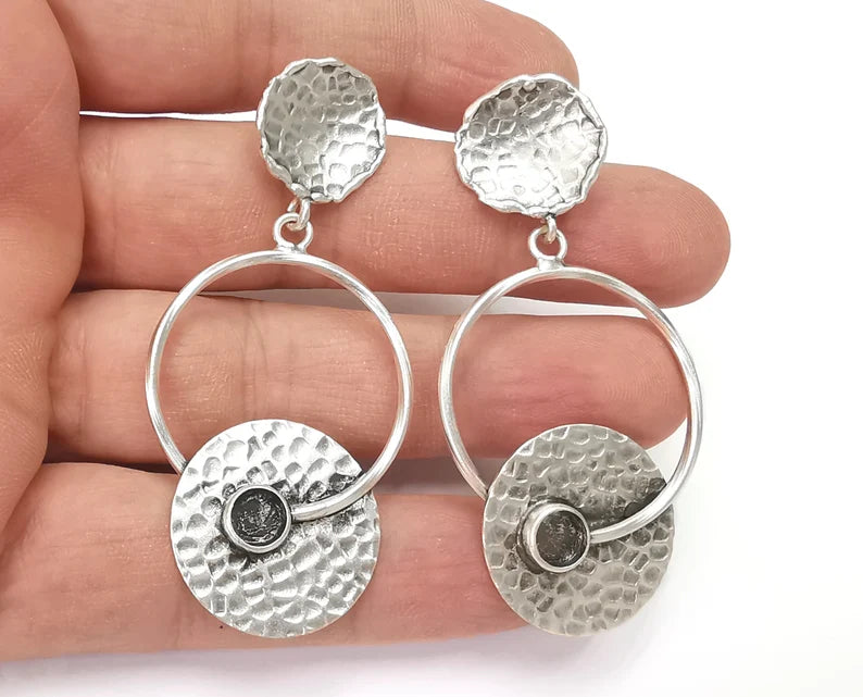 Hammered disc silver dangle earring set base wire Antique silver plated brass earring base (65x31mm)( 6 mm blanks) G26392