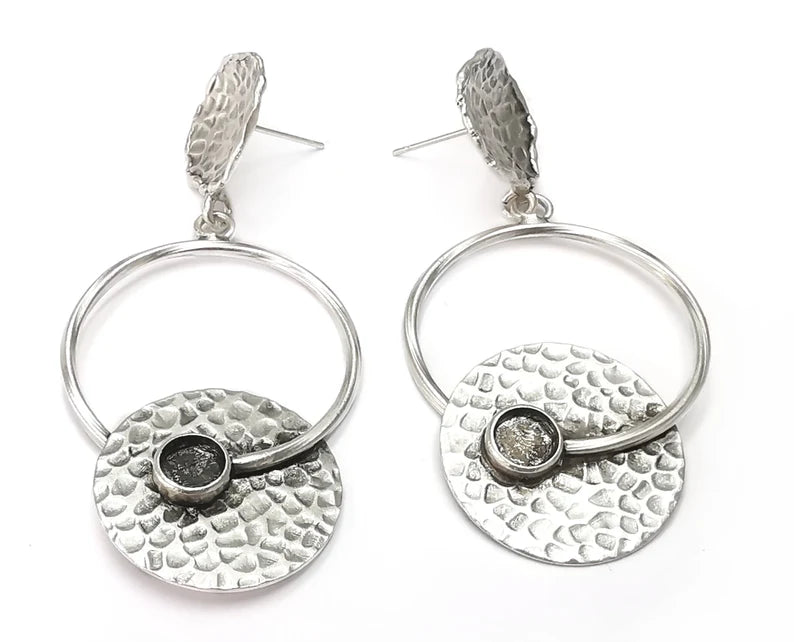 Hammered disc silver dangle earring set base wire Antique silver plated brass earring base (65x31mm)( 6 mm blanks) G26392