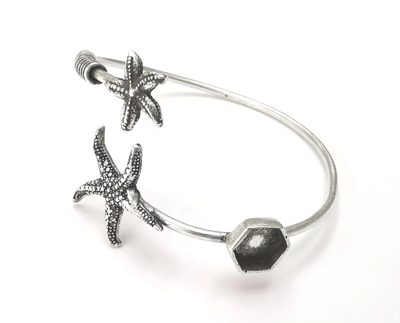 Starfish bracelet blank resin cuff dry cuff bezel Glass cabochon base Adjustable Antique Silver plated brass (8mm ) G26393