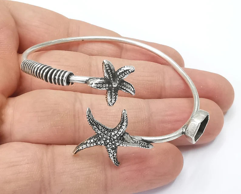 Starfish bracelet blank resin cuff dry cuff bezel Glass cabochon base Adjustable Antique Silver plated brass (8mm ) G26393
