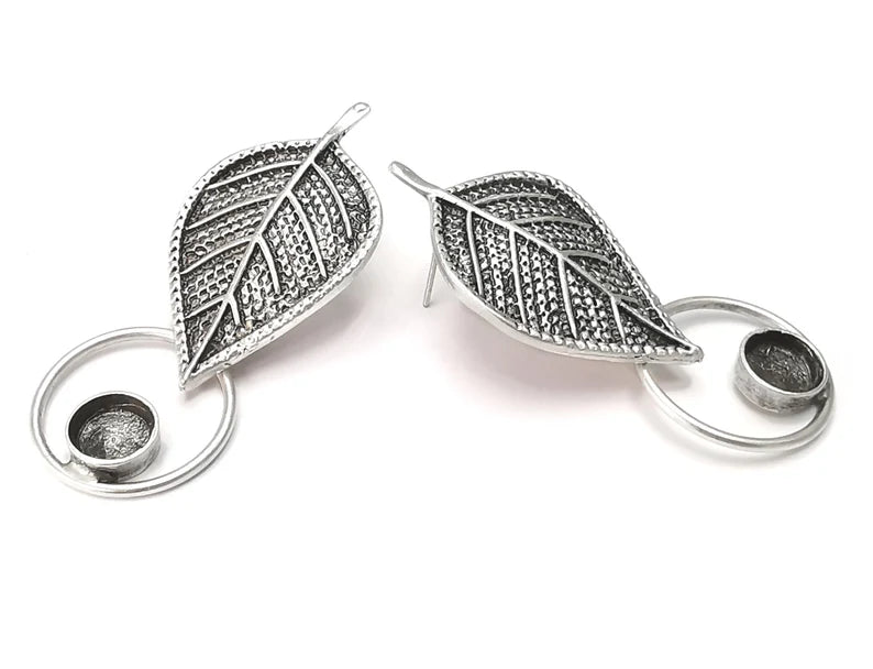 Leaf silver dangle earring set base wire Antique silver plated brass earring base (54x24mm)( 8 mm blanks) G26394