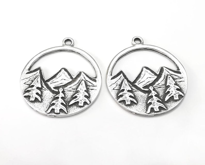 2 Mountain Landscape Pine Tree Pendant Charms Antique Silver Plated Pendant (35x30mm) G26586