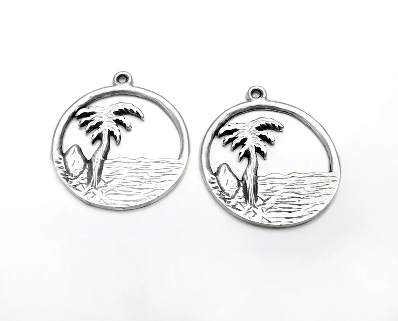 2 Palm Tree Round Charms Antique Silver Plated Charms (35x31mm) G26591