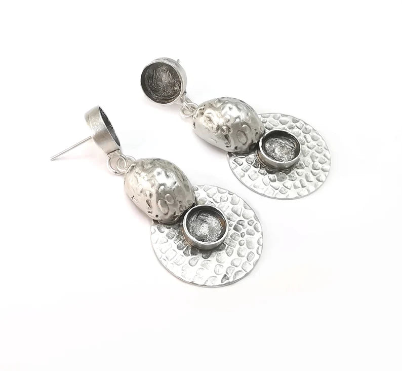 Hammered Disc Dangle Earring Set Base Antique Silver Plated Brass Earring Base (52x24mm) (10mm blanks) G26596