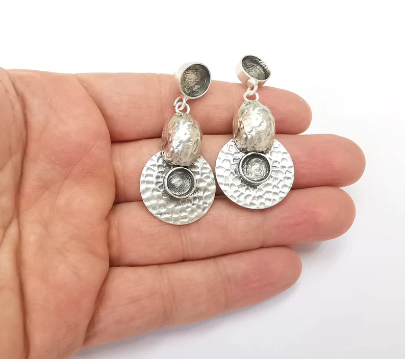 Hammered Disc Dangle Earring Set Base Antique Silver Plated Brass Earring Base (52x24mm) (10mm blanks) G26596