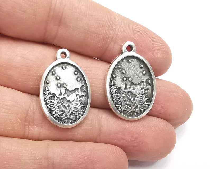 Winter Mountain Landscape Pine Tree Oval Pendant Charms Antique Silver Plated Charms (28x18mm) G26599