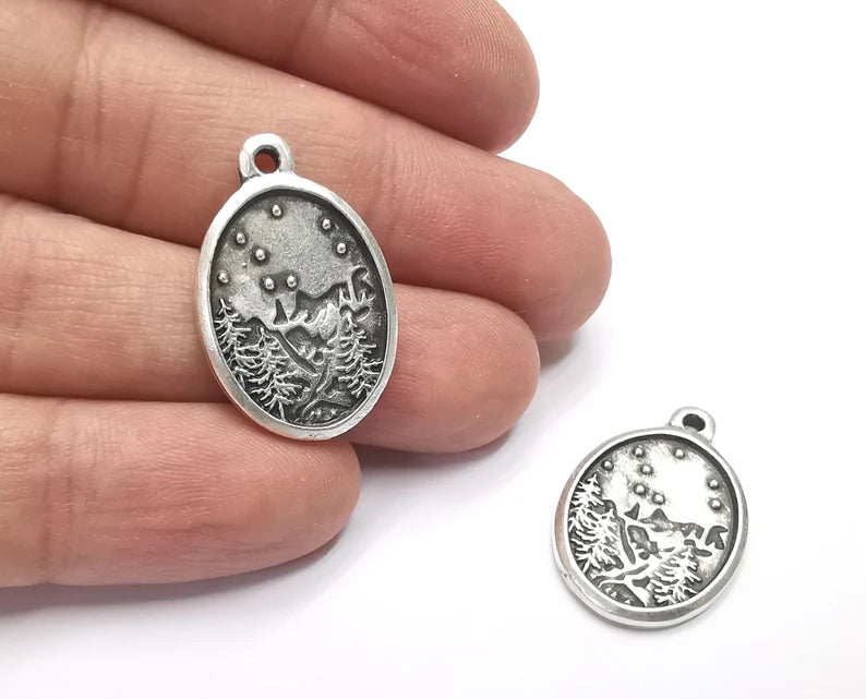 Winter Mountain Landscape Pine Tree Oval Pendant Charms Antique Silver Plated Charms (28x18mm) G26599