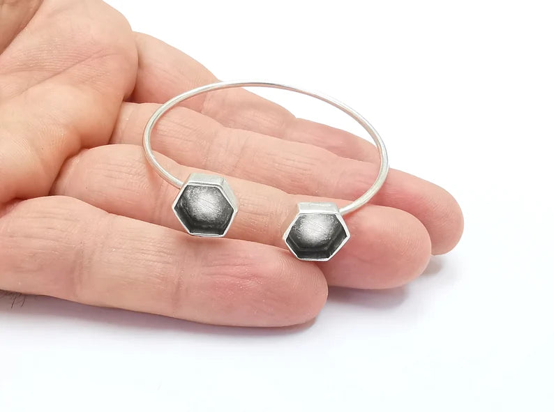 Silver Hexagon Bracelet Blanks Resin Cuff Dry Bezel Cabochon Base Adjustable Antique Silver Plated Brass (10mm Blanks) G26598