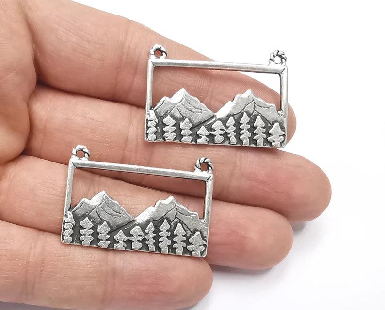 2 Mountain Landscape Pine Tree Connector Pendant Charms Antique Silver Plated Pendant (37x25mm) G26600