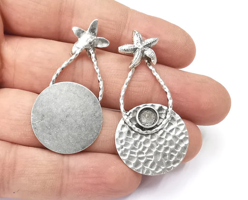 1 Pairs Starfish hammered disc silver dangle earring set base wire Antique silver plated brass earring base (49x24mm)( 6 mm blanks) G26398