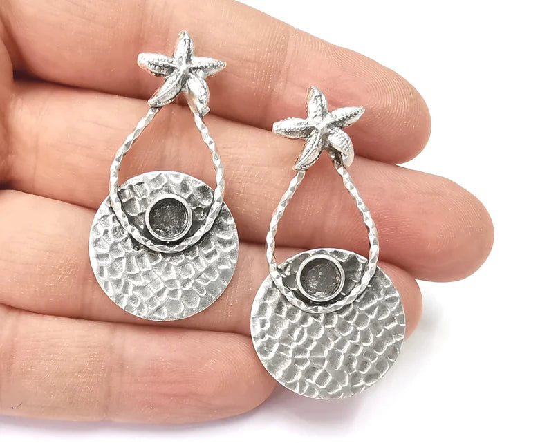 1 Pairs Starfish hammered disc silver dangle earring set base wire Antique silver plated brass earring base (49x24mm)( 6 mm blanks) G26398