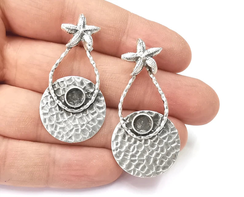 1 Pairs Starfish hammered disc silver dangle earring set base wire Antique silver plated brass earring base (49x24mm)( 6 mm blanks) G26398