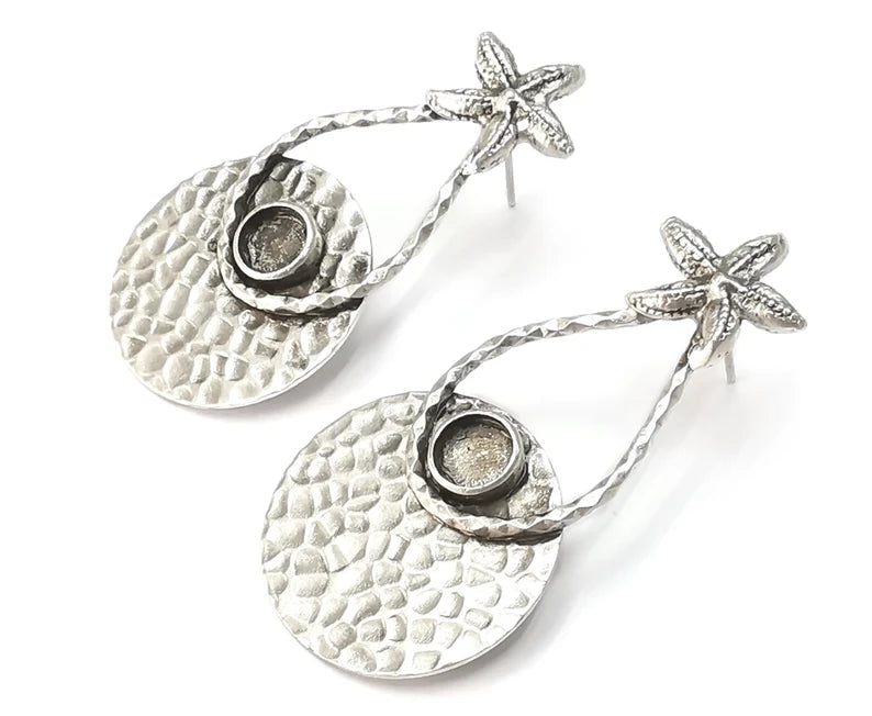 1 Pairs Starfish hammered disc silver dangle earring set base wire Antique silver plated brass earring base (49x24mm)( 6 mm blanks) G26398