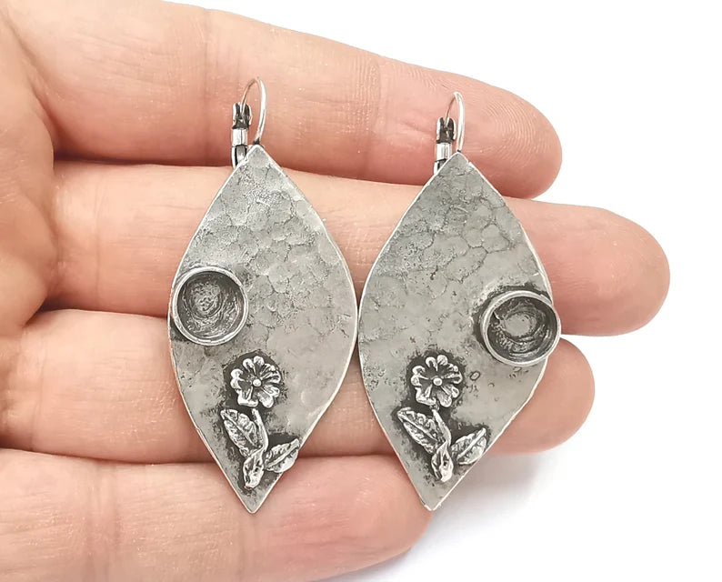 Flower leaf earring blank base settings silver resin cabochon inlay blank mountings Antique silver plated brass (8mm blanks) 1 Set G26401