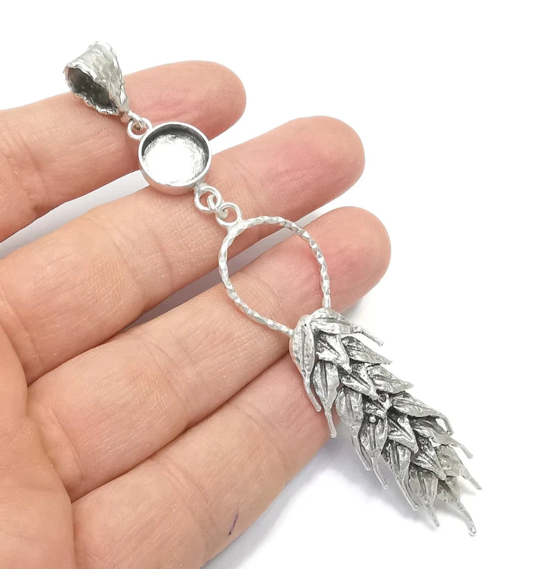 Wheat Pendant Base Setting Bezel Blank Antique Silver Plated Brass Pendant (112x19mm) G26403