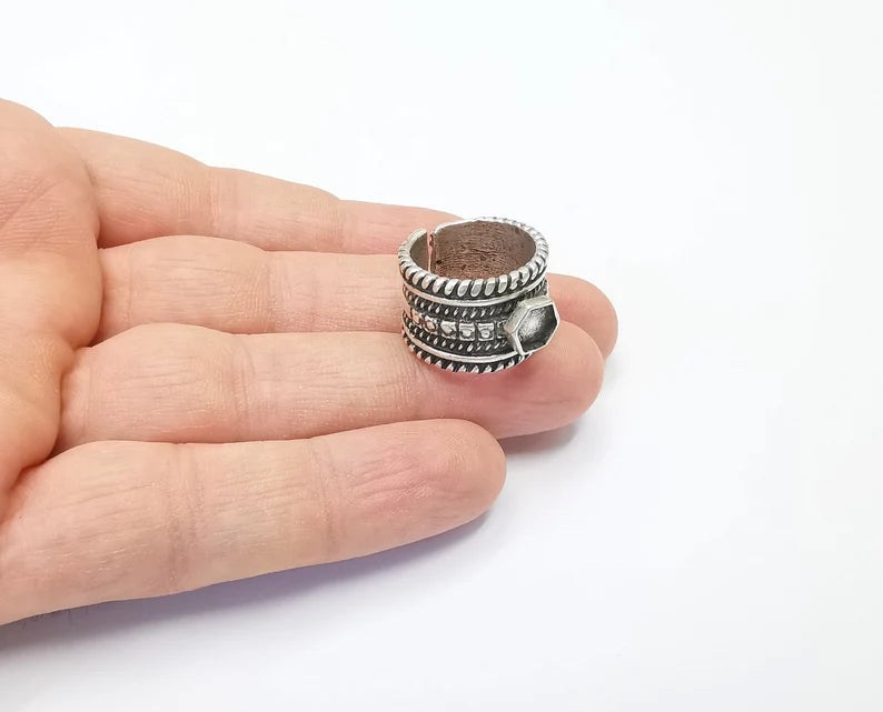 Hexagon Ring Bases, Ring Blanks, Ring Bezel Setting, Ring Frame, Cabochon Mountings Adjustable Antique Silver Plated Brass (6mm) G26406