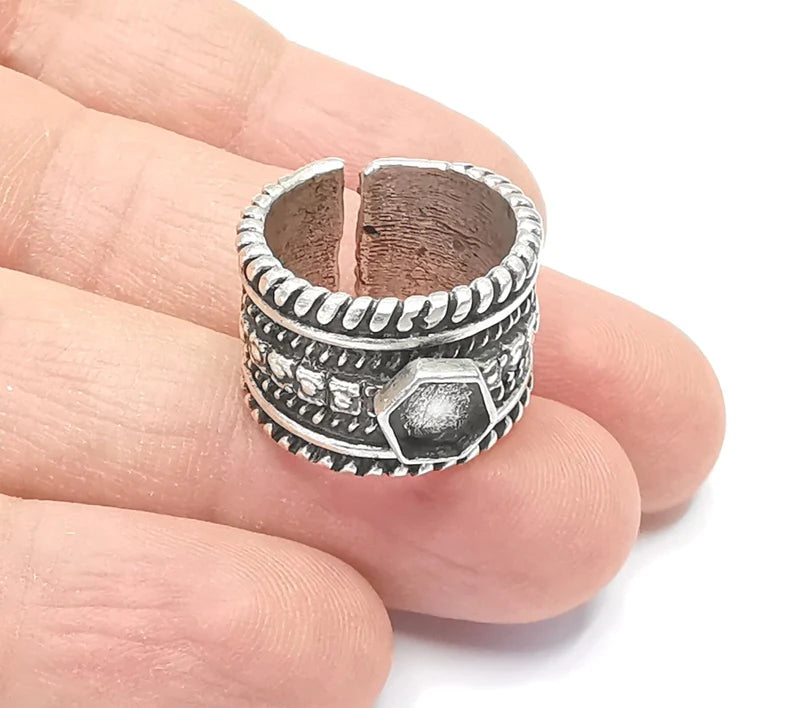 Hexagon Ring Bases, Ring Blanks, Ring Bezel Setting, Ring Frame, Cabochon Mountings Adjustable Antique Silver Plated Brass (6mm) G26406