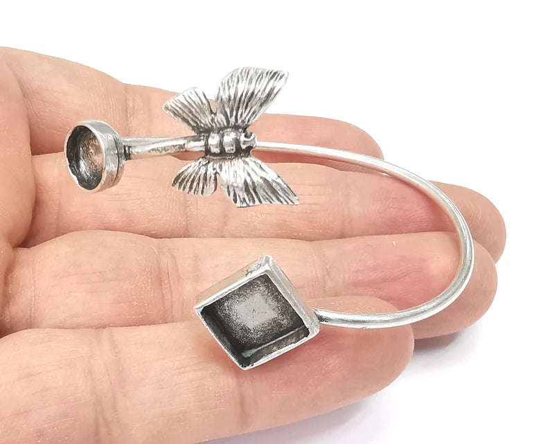 Butterfly Bracelet Blank Resin Cuff Dry Bezel Glass Cabochon Base Adjustable Antique Silver Plated Brass (10 and 8mm Blanks ) G26407