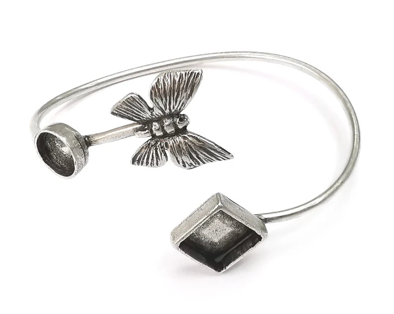 Butterfly Bracelet Blank Resin Cuff Dry Bezel Glass Cabochon Base Adjustable Antique Silver Plated Brass (10 and 8mm Blanks ) G26407