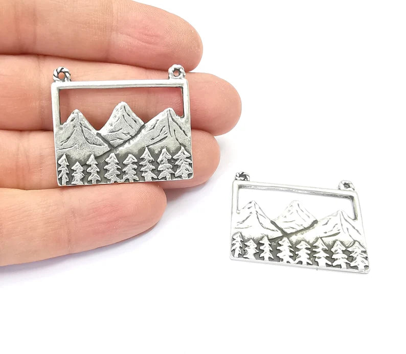 Mountain Landscape Pine Tree Connector Pendant Charms Antique Silver Plated Pendant (36x30mm) G26567