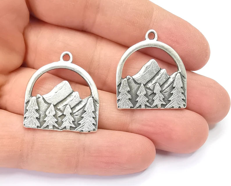 2 Mountain Landscape Pine Tree Pendant Charms Antique Silver Plated Pendant (29x26mm) G26575