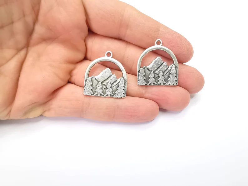 2 Mountain Landscape Pine Tree Pendant Charms Antique Silver Plated Pendant (29x26mm) G26575