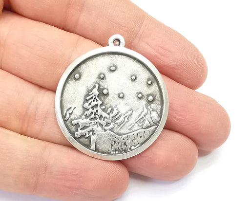 Winter Mountain Landscape Pine Tree Round Pendant Charms Antique Silver Plated Pendant (38x35mm) G26568