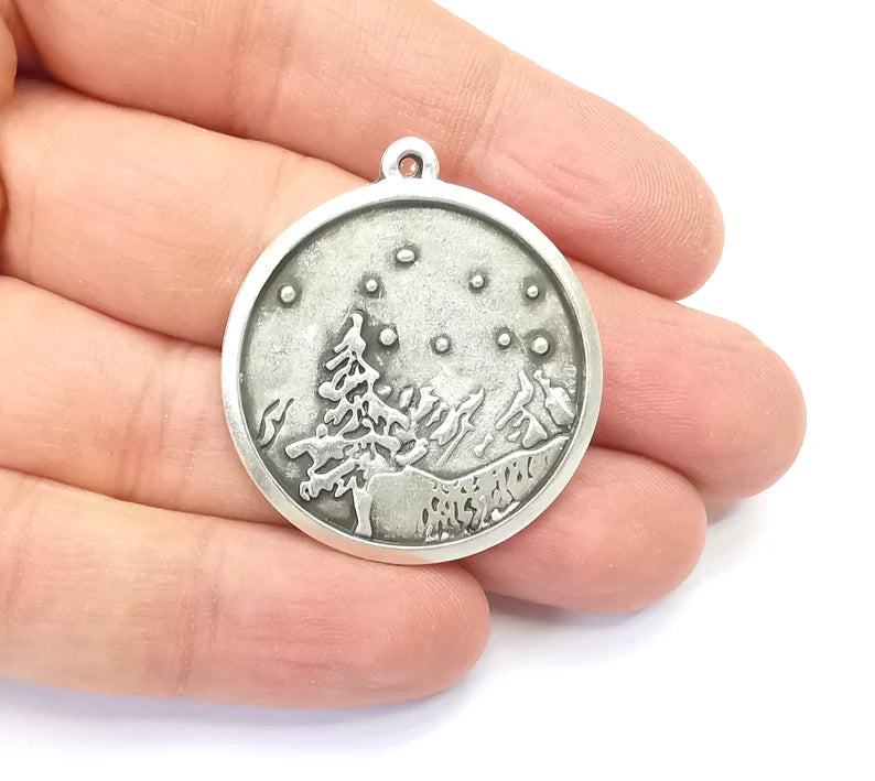 Winter Mountain Landscape Pine Tree Round Pendant Charms Antique Silver Plated Pendant (38x35mm) G26568