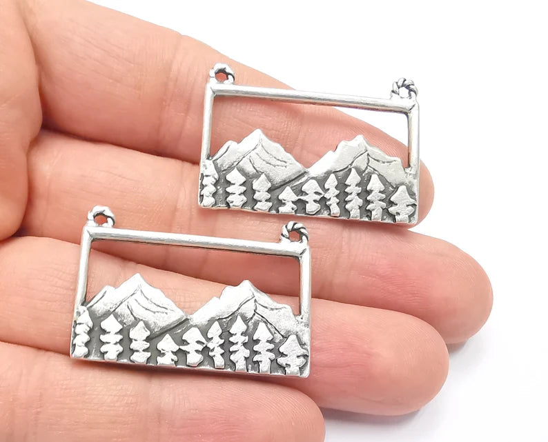 2 Mountain Landscape Pine Tree Connector Pendant Charms Antique Silver Plated Pendant (37x25mm) G26600