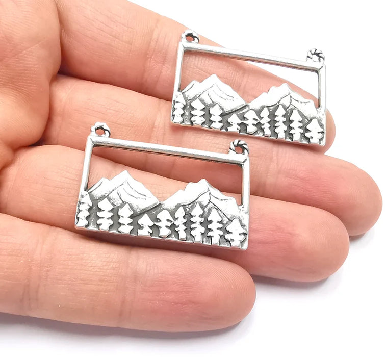 2 Mountain Landscape Pine Tree Connector Pendant Charms Antique Silver Plated Pendant (37x25mm) G26600