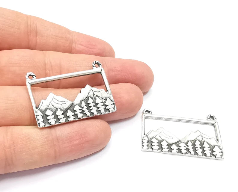 2 Mountain Landscape Pine Tree Connector Pendant Charms Antique Silver Plated Pendant (37x25mm) G26600