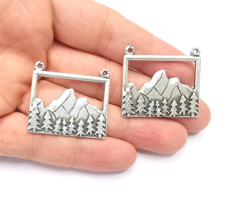 2 Mountain Landscape Pine Tree Connector Pendant Charms Antique Silver Plated Pendant (35x32mm) G26594