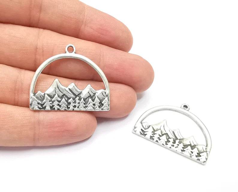 2 Mountain Landscape Forest Pendant Charms Antique Silver Plated Pendant (36x29mm) G26601