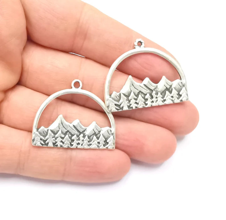 2 Mountain Landscape Forest Pendant Charms Antique Silver Plated Pendant (36x29mm) G26601