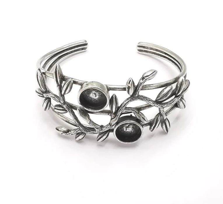 Ivy Leaf Bracelet Blanks, Cuff Bezels Cabochon Bases Resin Mountings, Cuff Frame, Antique Silver Plated Brass (10mm Bezels) G26606