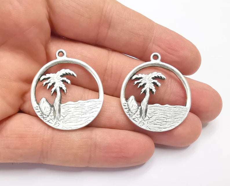 2 Palm Tree Round Charms Antique Silver Plated Charms (35x31mm) G26591
