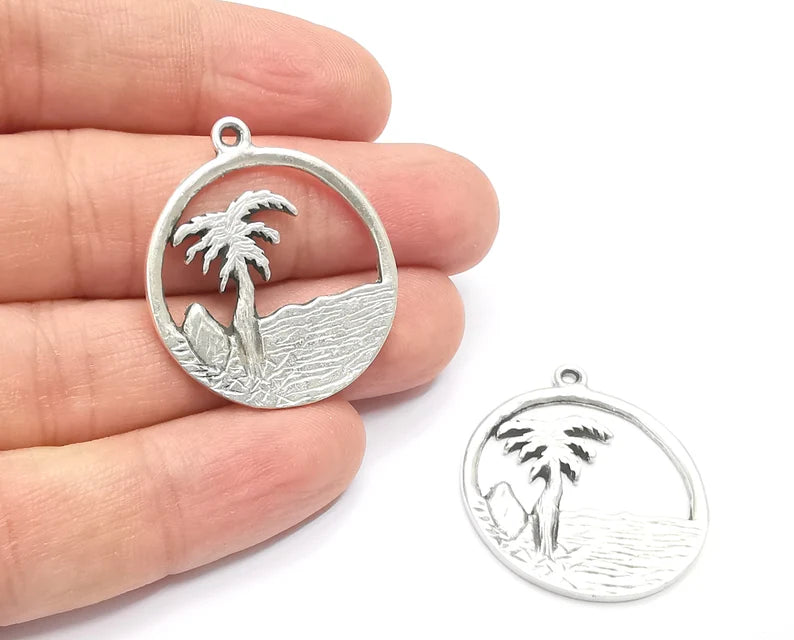 2 Palm Tree Round Charms Antique Silver Plated Charms (35x31mm) G26591