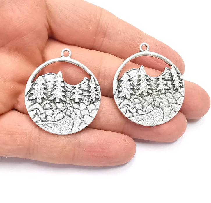 2 Mountain Landscape River Pine Tree Pendant Charms Antique Silver Plated Pendant (39x34mm) G26608
