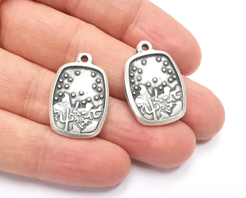 2 Winter Mountain Landscape Cactus Tree Charms Antique Silver Plated Charms (28x19mm) G26589